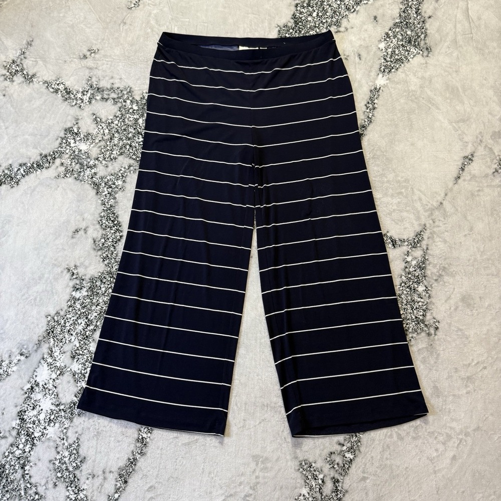 Chicos Pants Womens‎ Size 3/Xl Navy Blue & White Striped Wide Leg Pull-On Resort
